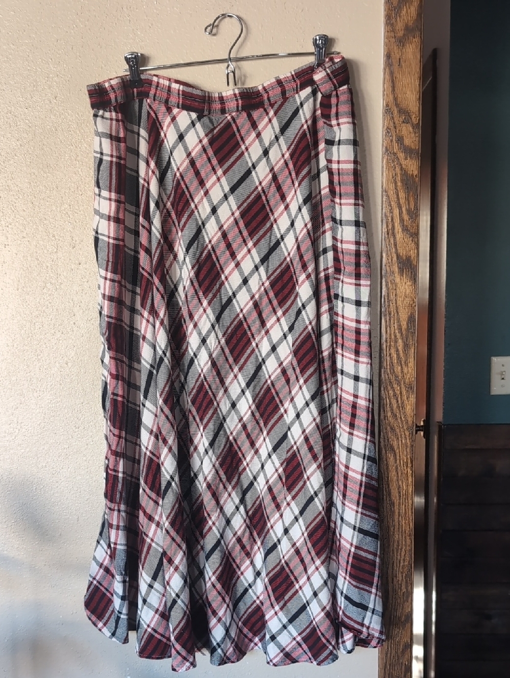 Chaps Plaid A-Line Maxi Skirt in Red, Black, and White